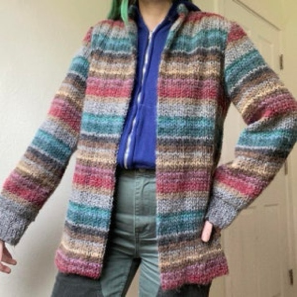 1. Vintage Koret Women’s Sweater Striped Mohair Blend Cardigan Open Front SZ M - Picture 1 of 10